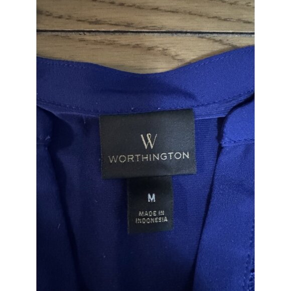 Worthington Women Size Medium V Neck Short Sleeve Blouse Blue Polyester Stretch - Picture 3 of 9